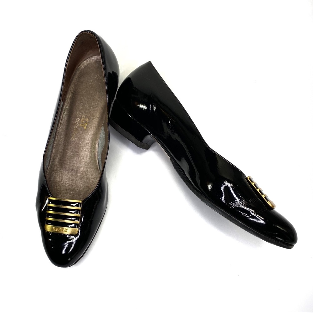 Bally Vintage Elaine Pumps Patent Leather Black Gold 7